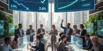 Profesionales diversos colaborando en una oficina moderna, con gráficos que muestran bajo desempleo y crecimiento salarial para 2026.