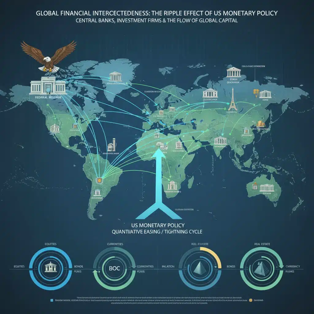 Infografía de mercados financieros globales interconectados por la política monetaria.