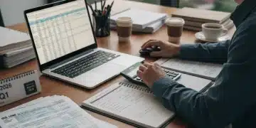 Persona planificando impuestos estimados Q1 2026 con calculadora y ordenador