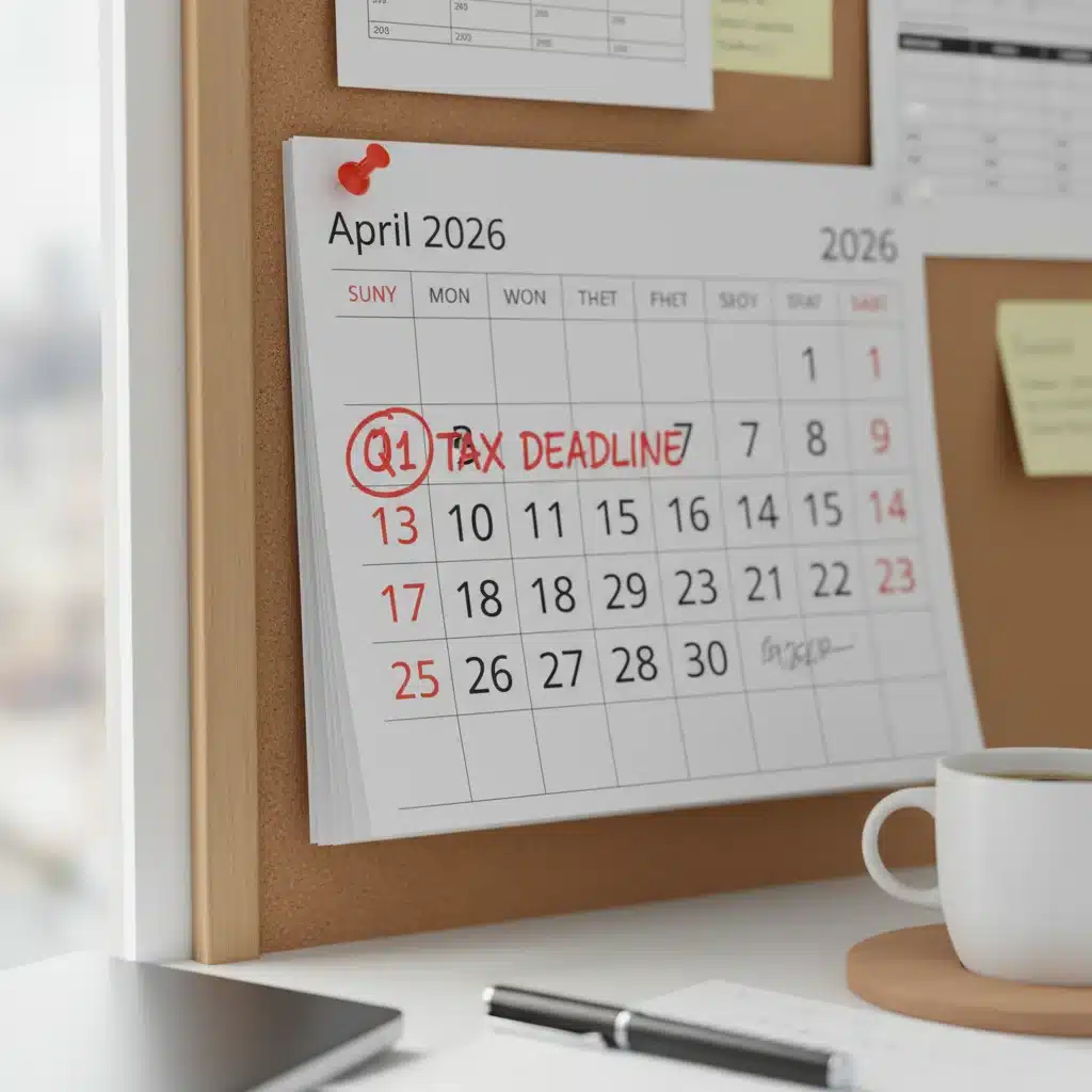Calendario con fecha límite de pago de impuestos estimados Q1 2026 marcada