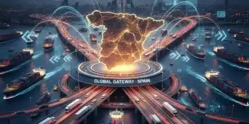 Mapa global con rutas de suministro convergiendo en España, simbolizando nuevas oportunidades.
