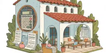 Calculadora y documentos fiscales sobre un plano de una casa, simbolizando las deducciones fiscales de vivienda en España.