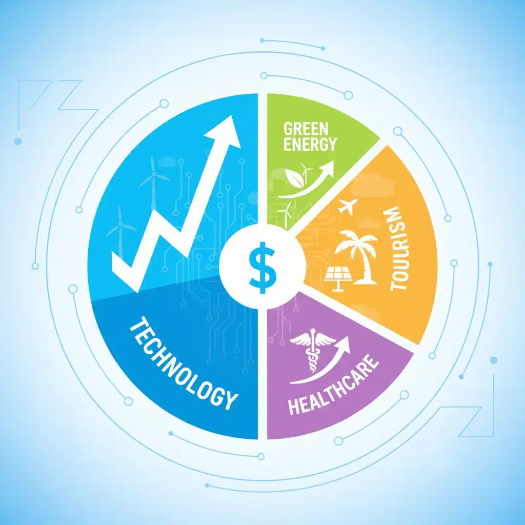 Representación gráfica de una cartera de inversión diversificada con sectores de tecnología, turismo, salud y energía verde en crecimiento.