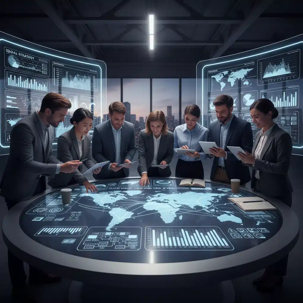 Equipo multidisciplinar analizando datos de cadena de suministro en una sala de reuniones.