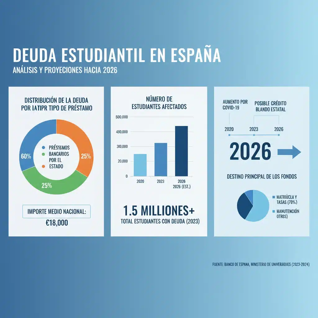 Infografía detallada sobre la deuda estudiantil en España y su evolución.