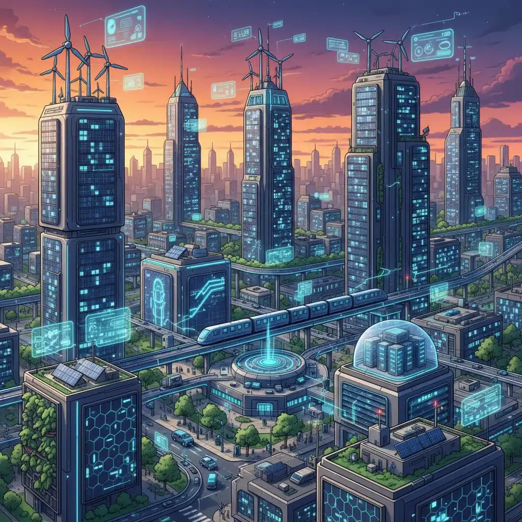Infraestructura de ciudad inteligente con energías renovables y vehículos eléctricos, simbolizando inversión en tecnología y sostenibilidad.