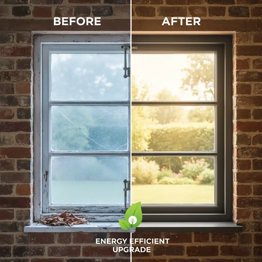 Comparativa de ventanas antes y después de una reforma de eficiencia energética, con icono de hoja verde.