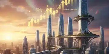 Paisaje urbano español futurista con gráficos financieros ascendentes, representando oportunidades de inversión y crecimiento económico en España para 2026.