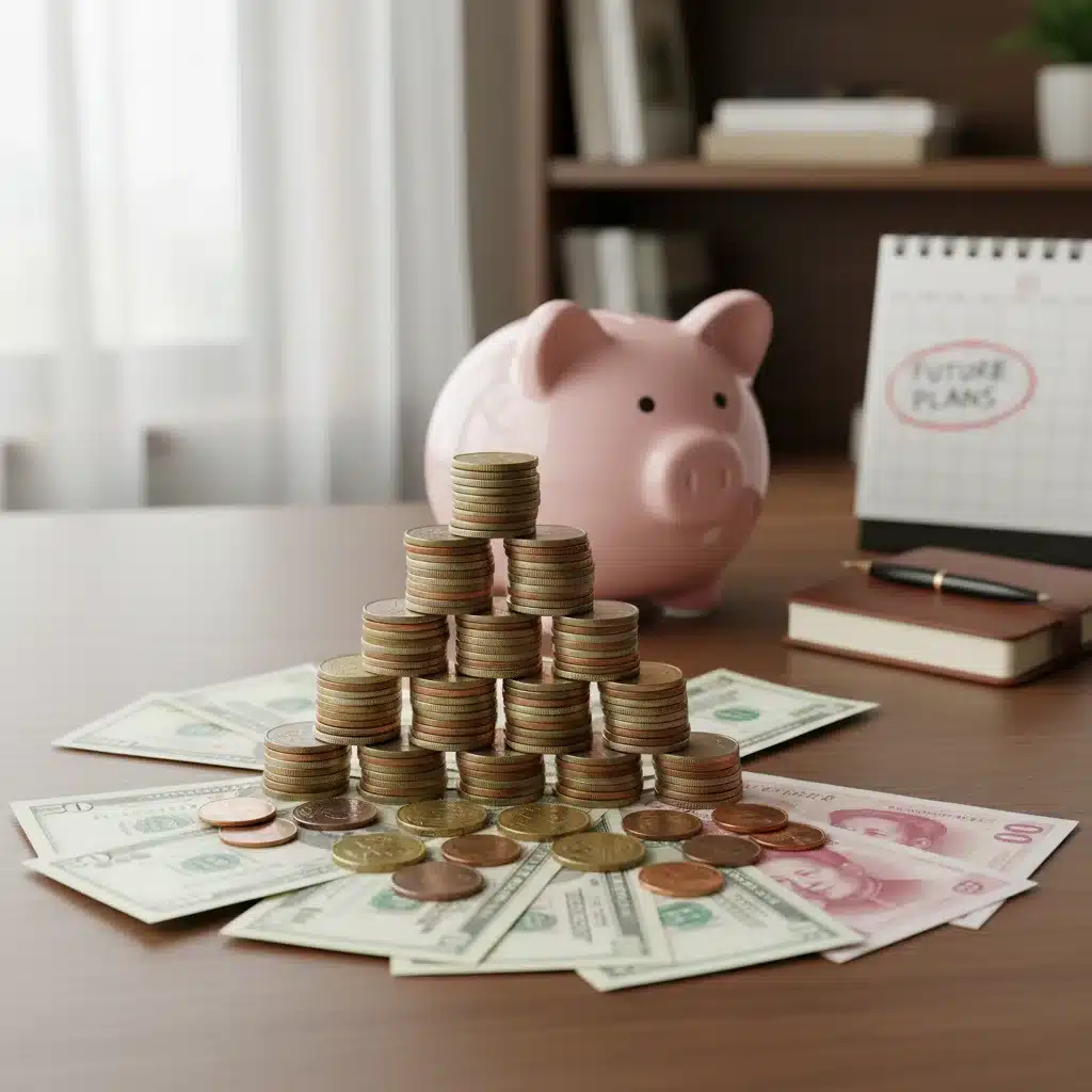 Pilas de monedas y billetes junto a una hucha, simbolizando el ahorro y la gestión financiera.