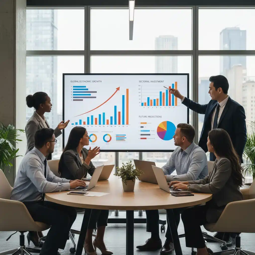 Profesionales de negocios analizando gráficos de crecimiento económico e inversión en una oficina moderna.