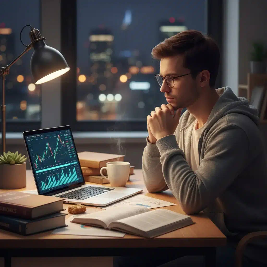 Joven analizando gráficos financieros en un portátil, pensando en su futuro económico.