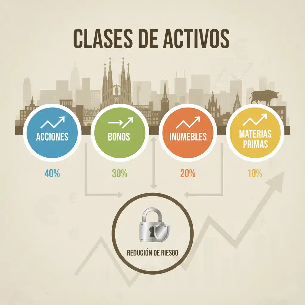 Infografía de asignación de activos en una cartera de inversión, mostrando acciones, bonos, bienes raíces y materias primas para reducir el riesgo.