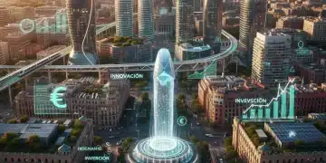 Paisaje urbano español con elementos digitales, representando la digitalización y las oportunidades de inversión.