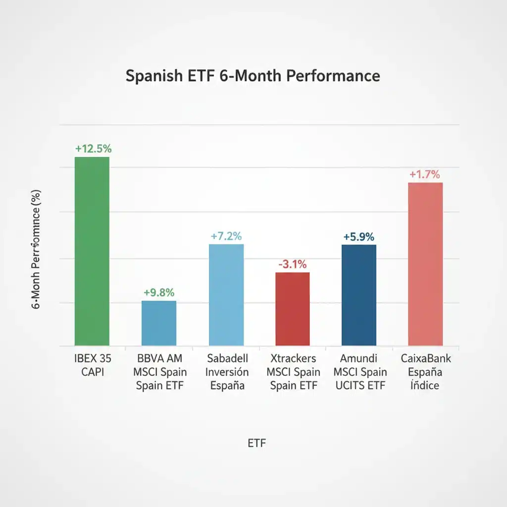 Gráfico de barras comparando el rendimiento a 6 meses de varios ETFs españoles.