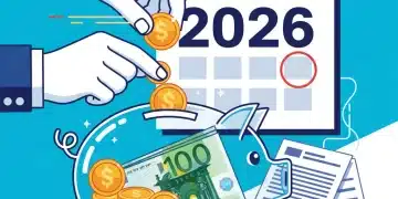 Manos donando dinero a una hucha transparente con euros y calendario 2026, simbolizando créditos fiscales por donaciones.