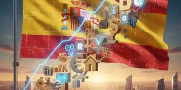 Gráfico financiero con símbolos de inversión y la bandera española, representando una cartera de inversión diversificada en España para 2026.