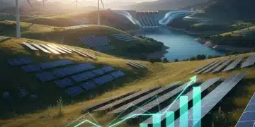 Paisaje español con diversas fuentes de energía renovable y gráficos de rentabilidad.