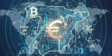 España en el centro de la arquitectura financiera global con gráficos económicos y el símbolo del Euro.