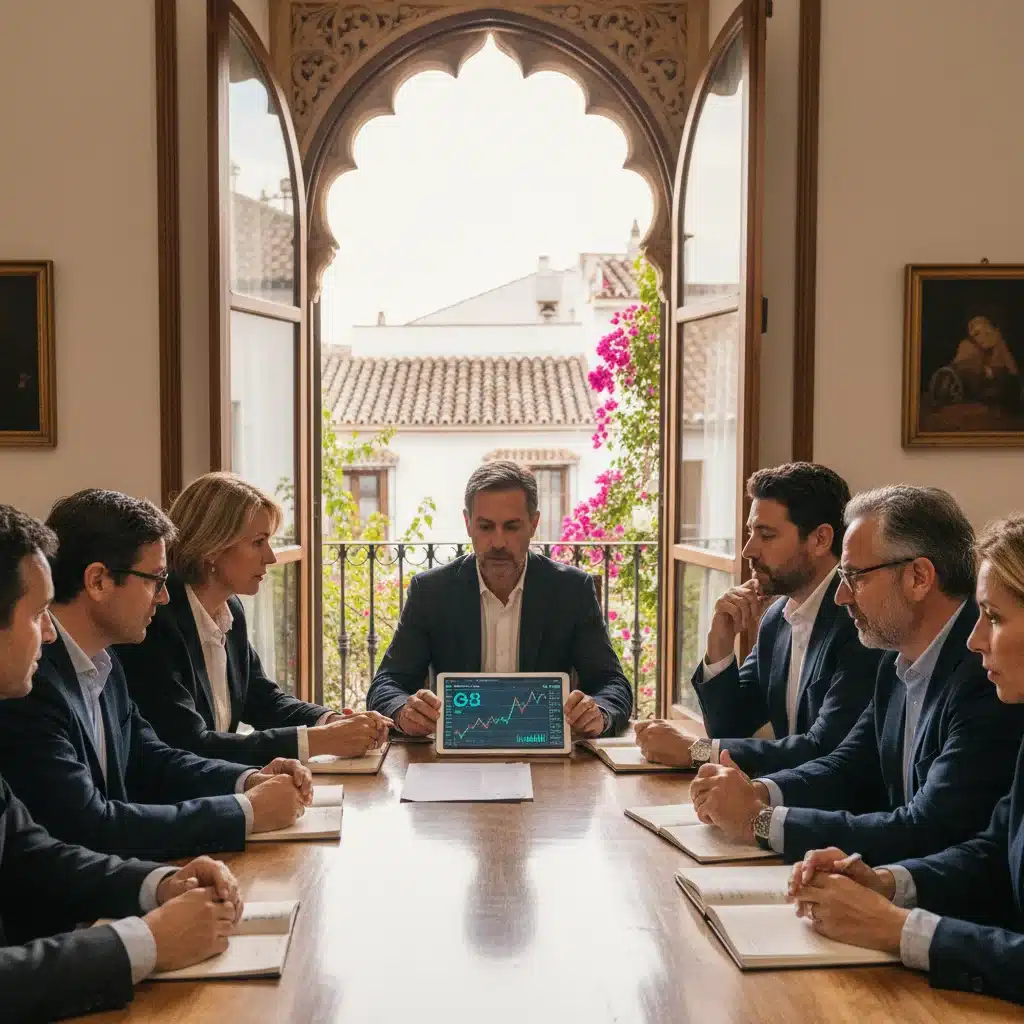 Grupo de inversores colaborando y discutiendo estrategias de diversificación para el mercado español.