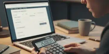 Estudiante calculando deudas con documentos de ayuda financiera en una mesa de estudio.
