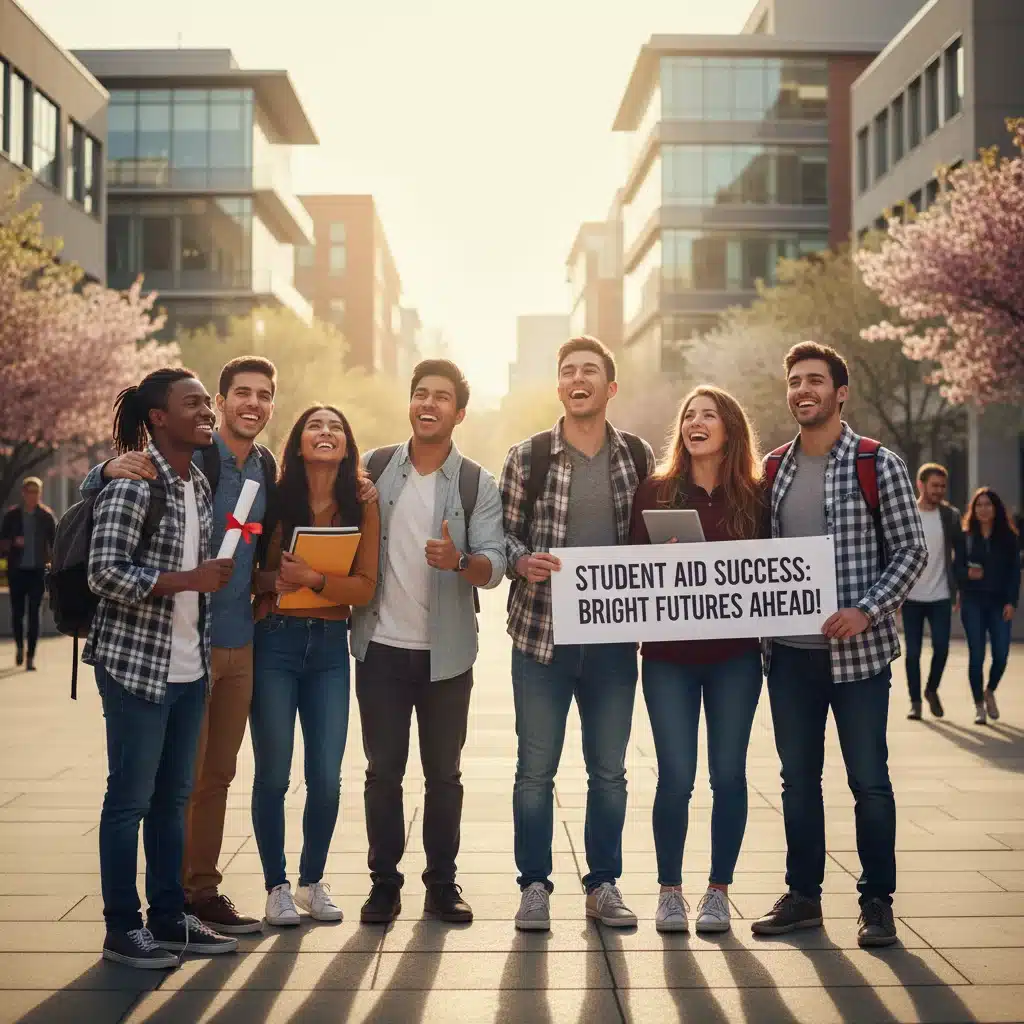 Grupo de estudiantes diversos sonriendo y aliviados en un campus universitario, simbolizando el éxito y el alivio financiero.
