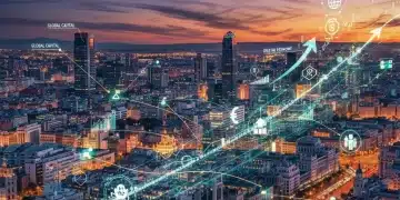 Paisaje urbano moderno de España al anochecer, simbolizando inversión extranjera directa y dinamismo económico.