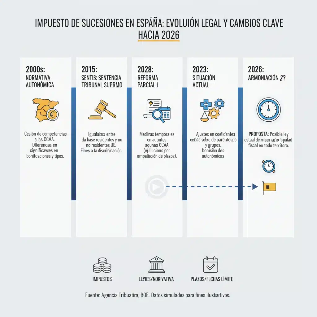Infografía con línea de tiempo de cambios en el Impuesto de Sucesiones y Donaciones en España.