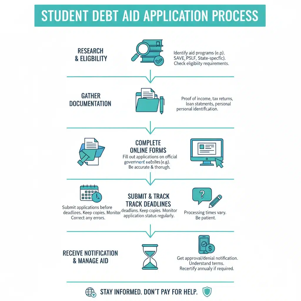 Infografía detallada del proceso de solicitud de ayudas para la deuda estudiantil, mostrando pasos y requisitos.