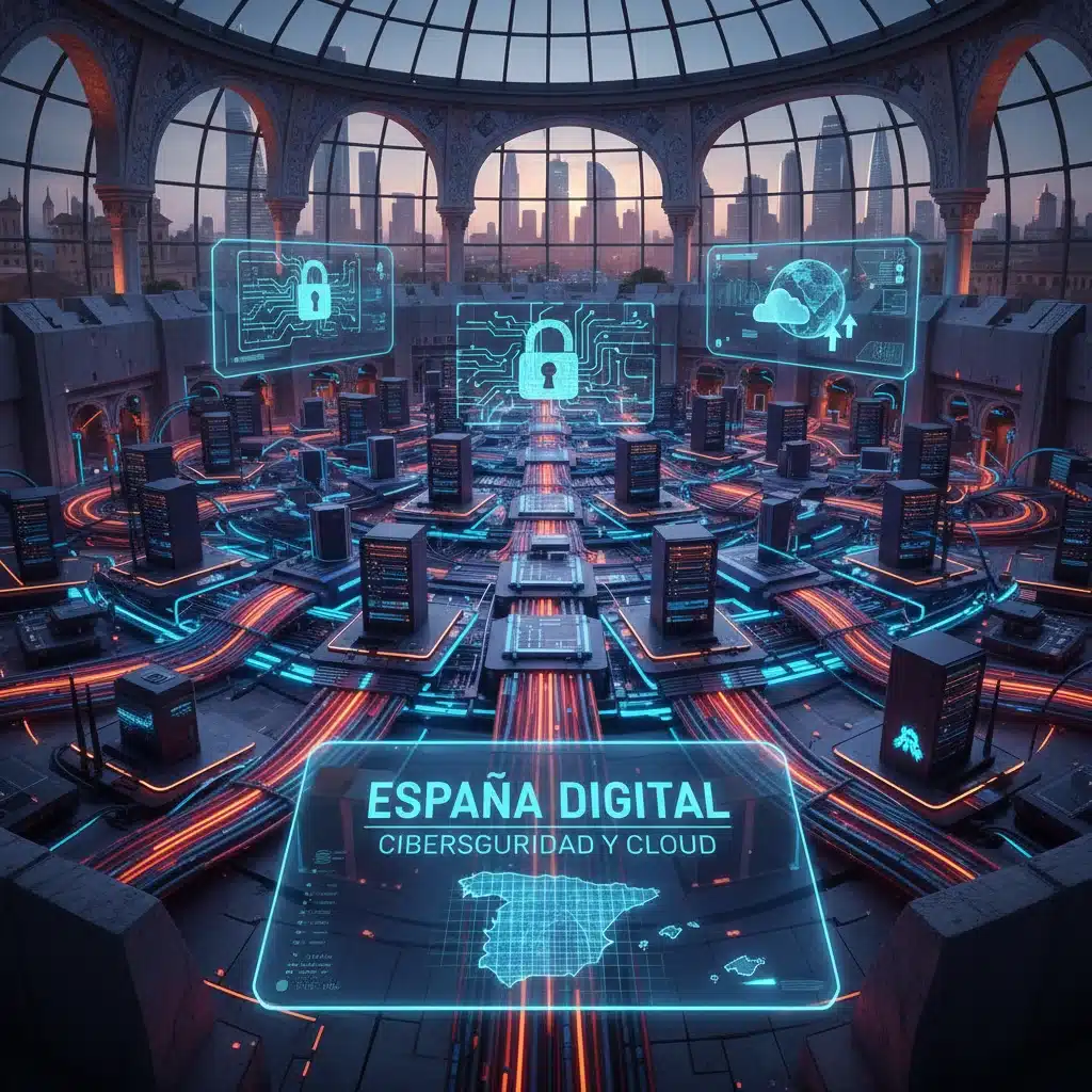 Red de dispositivos interconectados y flujo de datos, representando infraestructura digital y ciberseguridad en España.