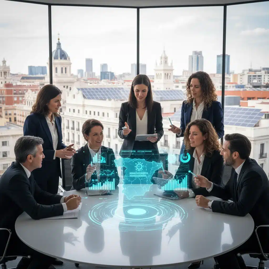 Profesionales colaborando con tecnología holográfica, simbolizando innovación y aplicación digital en negocios.