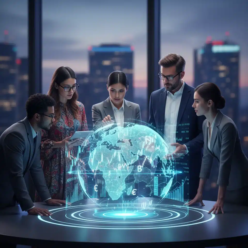 Profesionales colaborando en innovación financiera global, analizando datos económicos proyectados.