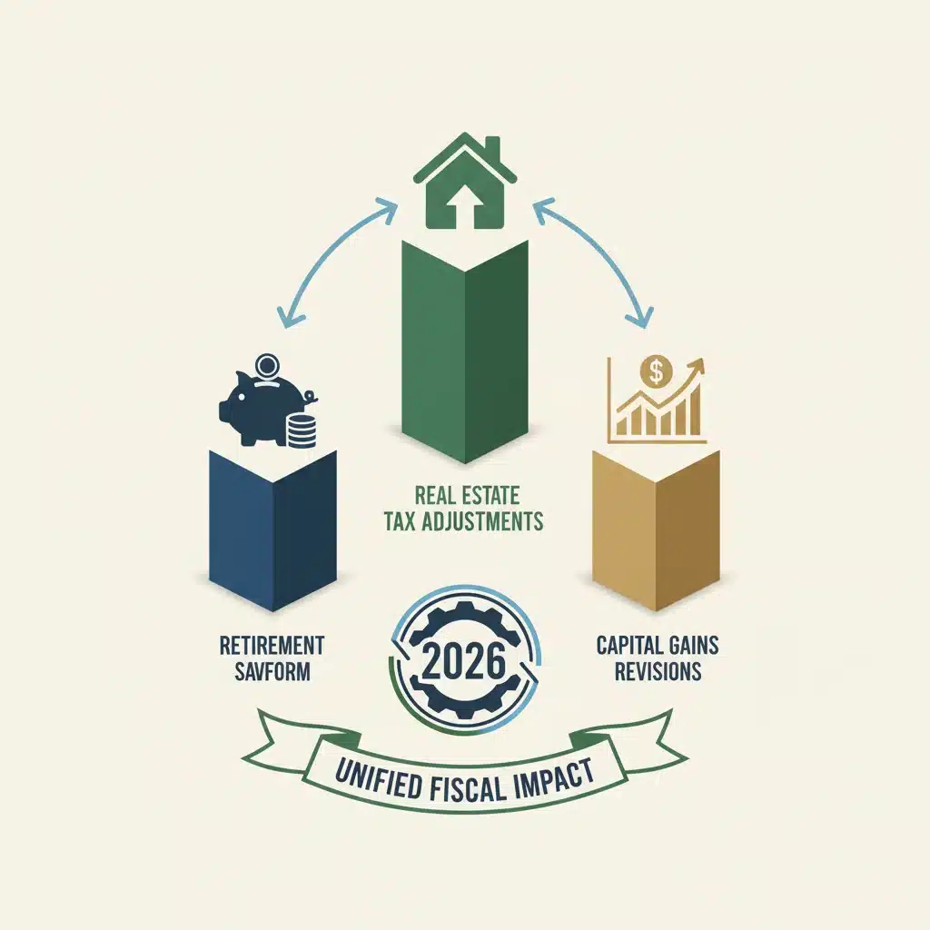 Infografía de tres pilares representando las novedades fiscales clave en el ahorro para 2026.