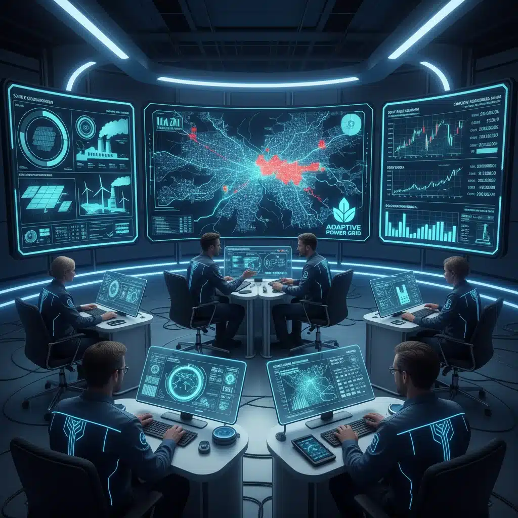 Centro de control de una red eléctrica inteligente, mostrando datos de consumo y producción energética en tiempo real.