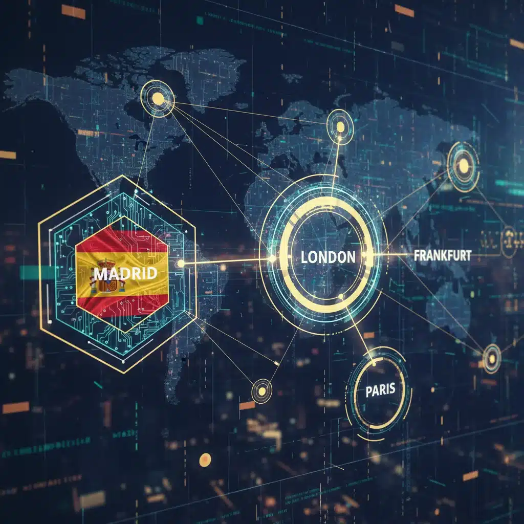 Redes financieras globales interconectadas con España como actor clave y transacciones digitales.