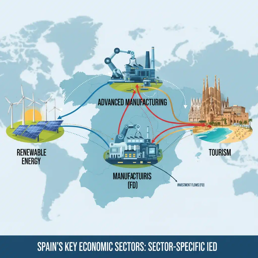 Infografía de sectores económicos clave en España, incluyendo energías renovables, manufactura avanzada y turismo, con flujos de inversión.
