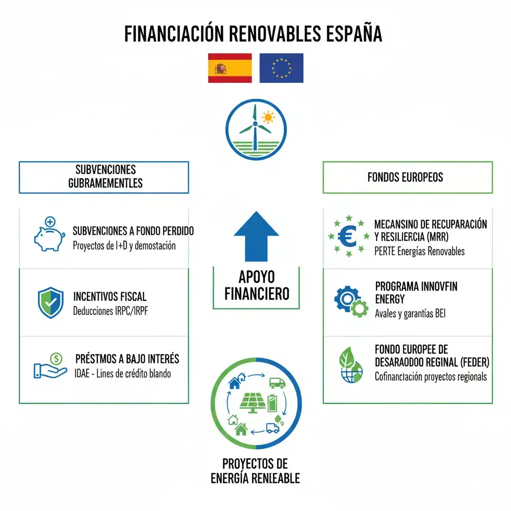 Infografía de subvenciones y fondos europeos para proyectos de energía renovable en España.