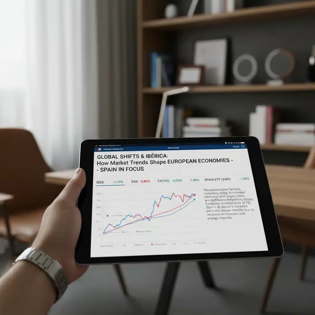 Mano sosteniendo una tablet con noticias financieras sobre tendencias del mercado global y su impacto en España.