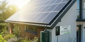 Vivienda moderna con paneles solares y jardín, simbolizando la rehabilitación energética y los beneficios fiscales en España.
