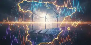 Gráfico abstracto que representa la volatilidad de los precios energéticos sobre el mapa de España, con elementos de energías renovables.