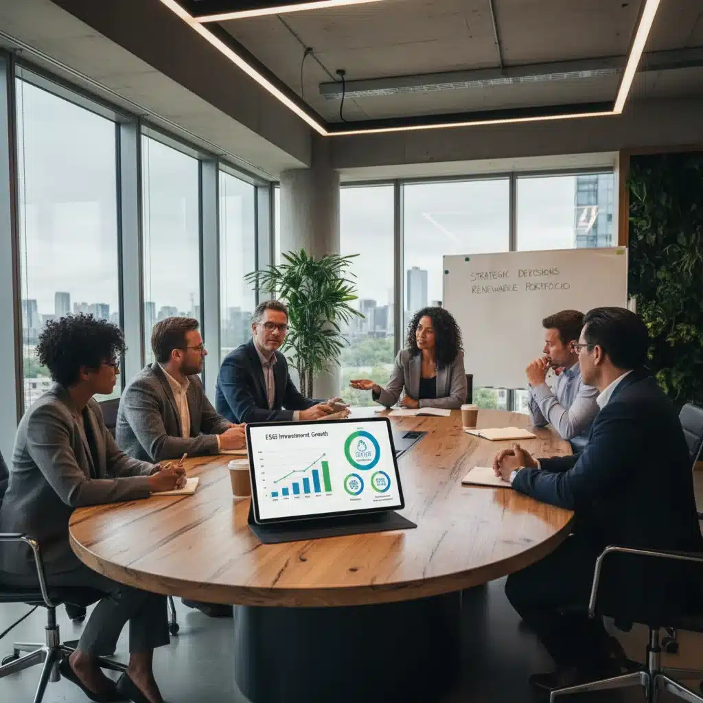 Profesionales analizando datos de inversión ESG y sostenibilidad en una reunión.