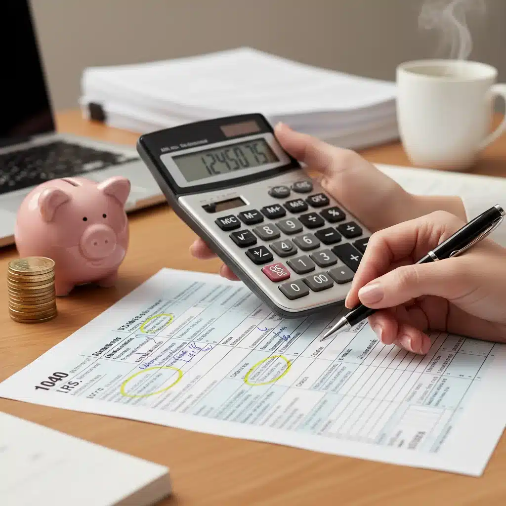 Manos calculando deducciones fiscales y ahorros para familias en España.
