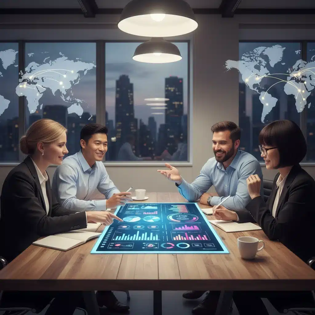 Empresarios españoles y asiáticos colaborando en estrategias comerciales, analizando datos de mercado.