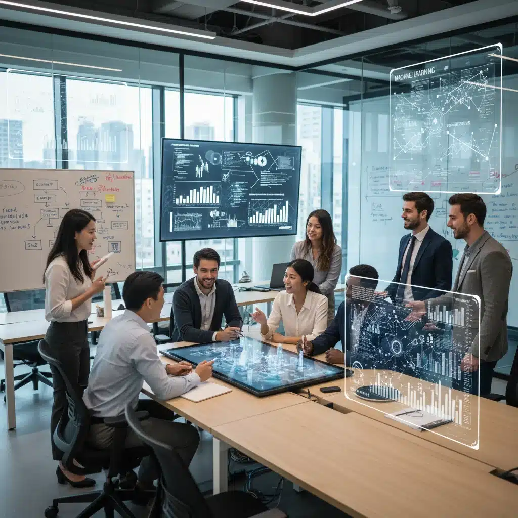 Profesionales diversos colaborando en una oficina moderna, con pantallas mostrando análisis de datos y algoritmos de IA.