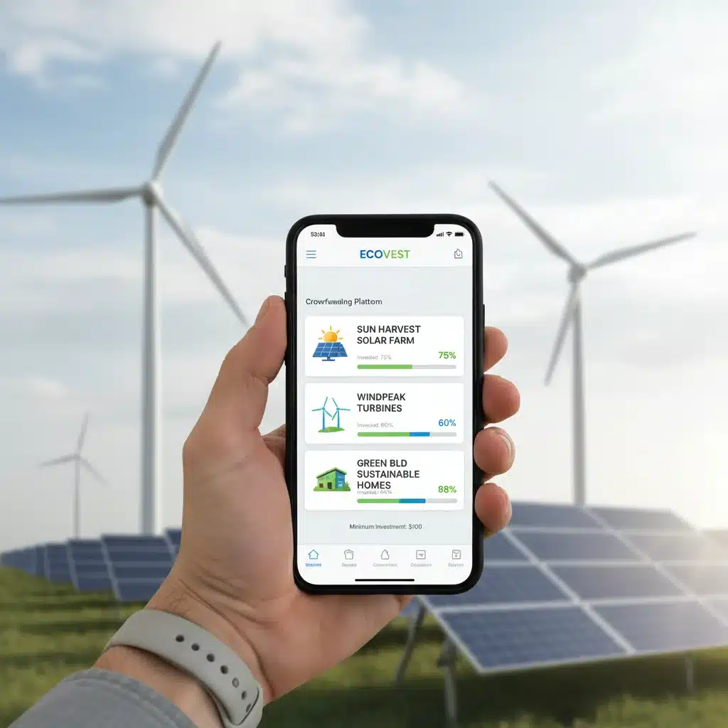 Mano sosteniendo un smartphone con una aplicación de crowdfunding para proyectos de energía renovable y bienes raíces sostenibles.