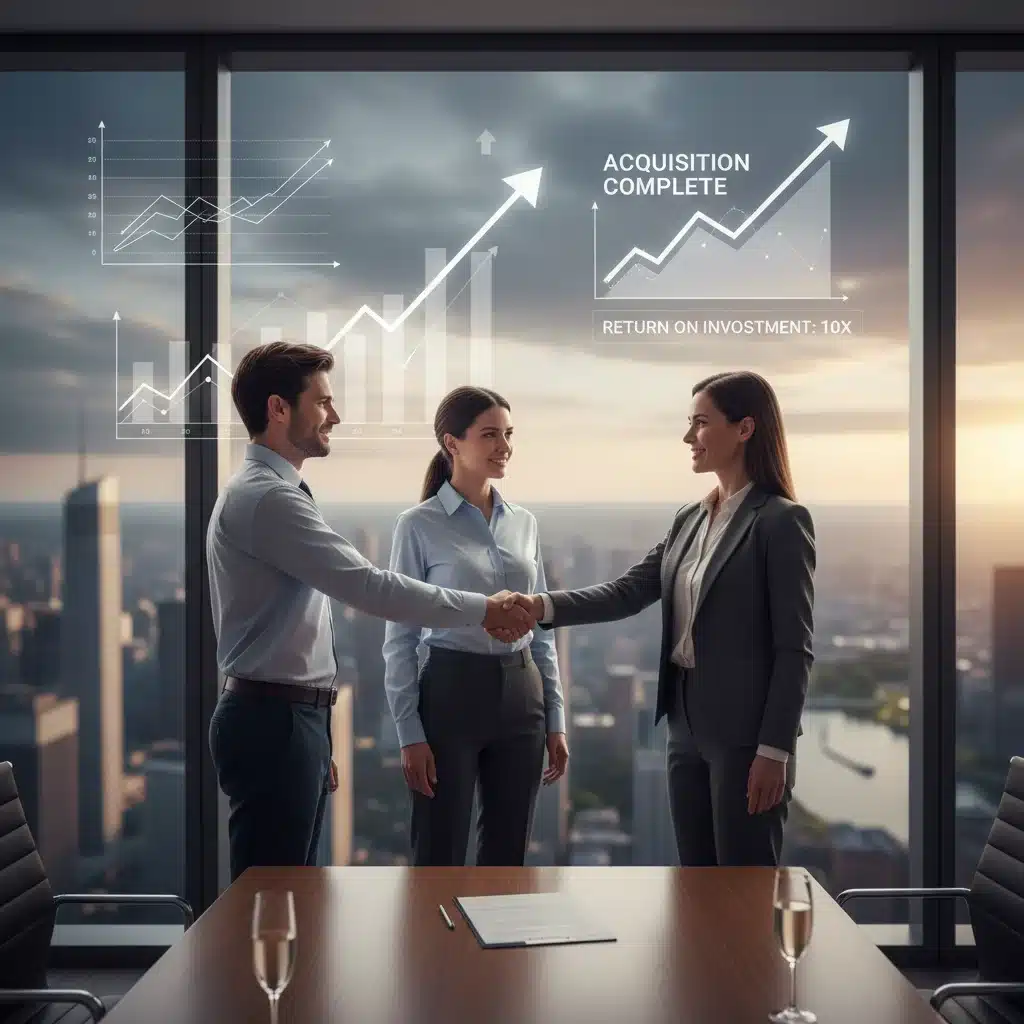 Representación visual de una estrategia de salida exitosa para una startup tecnológica.