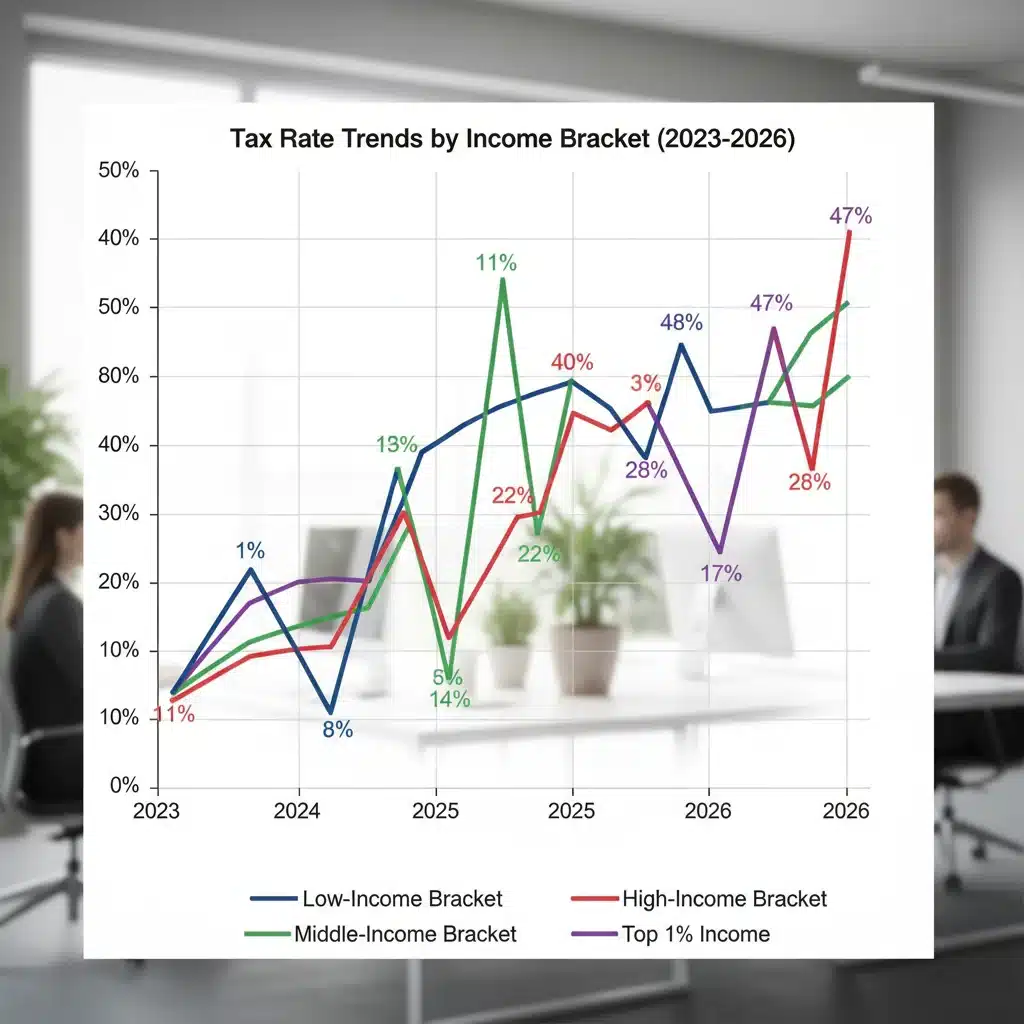 Gráfico que ilustra la evolución de los tipos impositivos del IRPF en España entre 2023 y 2026 para diferentes tramos de renta.