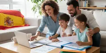 Familia feliz revisando documentos fiscales para aprovechar ayudas en España 2026.