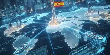 Mapa global futurista con rutas comerciales conectando España y América, simbolizando el comercio transatlántico en 2026 y sus acuerdos.