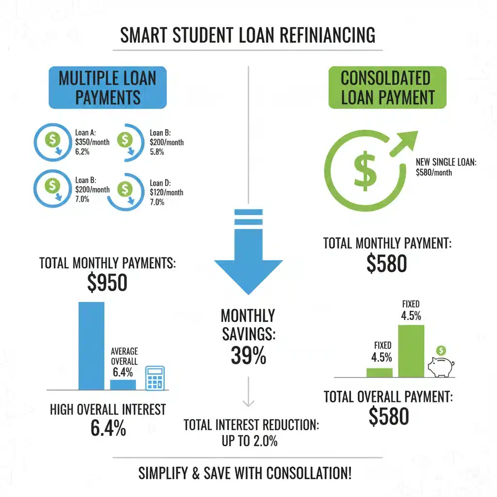 Infografía comparativa de pagos de préstamos estudiantiles múltiples frente a un único préstamo consolidado.