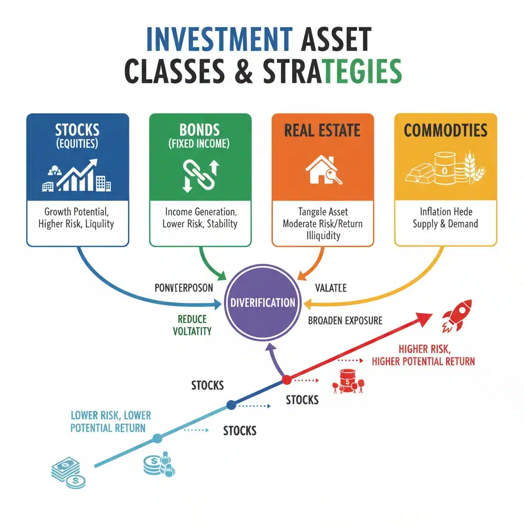 Infografía de diversificación de activos mostrando acciones, bonos, bienes raíces y materias primas, con flechas que indican estrategias de riesgo y retorno.